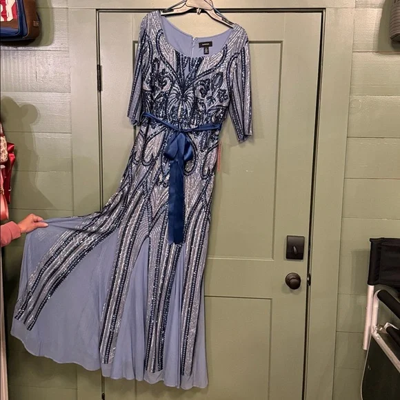 R&M Richards Light Blue Beaded Long Sleeve Evening Gown - Picture 2 of 13